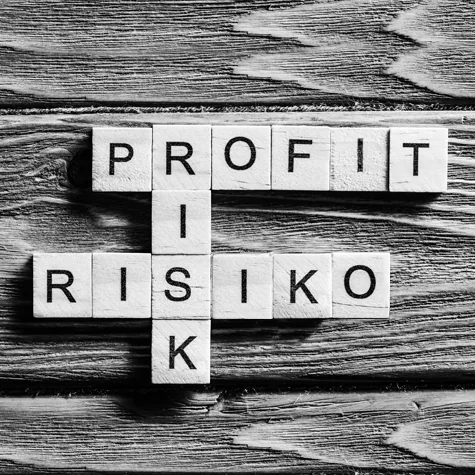 wooden blocks in a scrabble like configuration spelling the words: "profit", risk and "risiko"